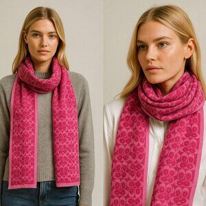 Coach 100% Merino Wool Signature Logo Scarf Pink Fuchsia Soft Knit Winter Wrap